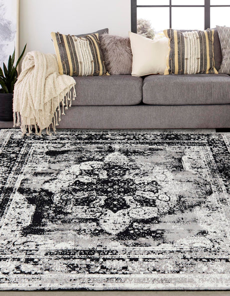 Black 7' 10 x 7' 10 Sofia Square Area Rug Durable Easy Clean Stain Resistant Unique Carpet for Affordable Interior Home Design for Sale at Rug Engine