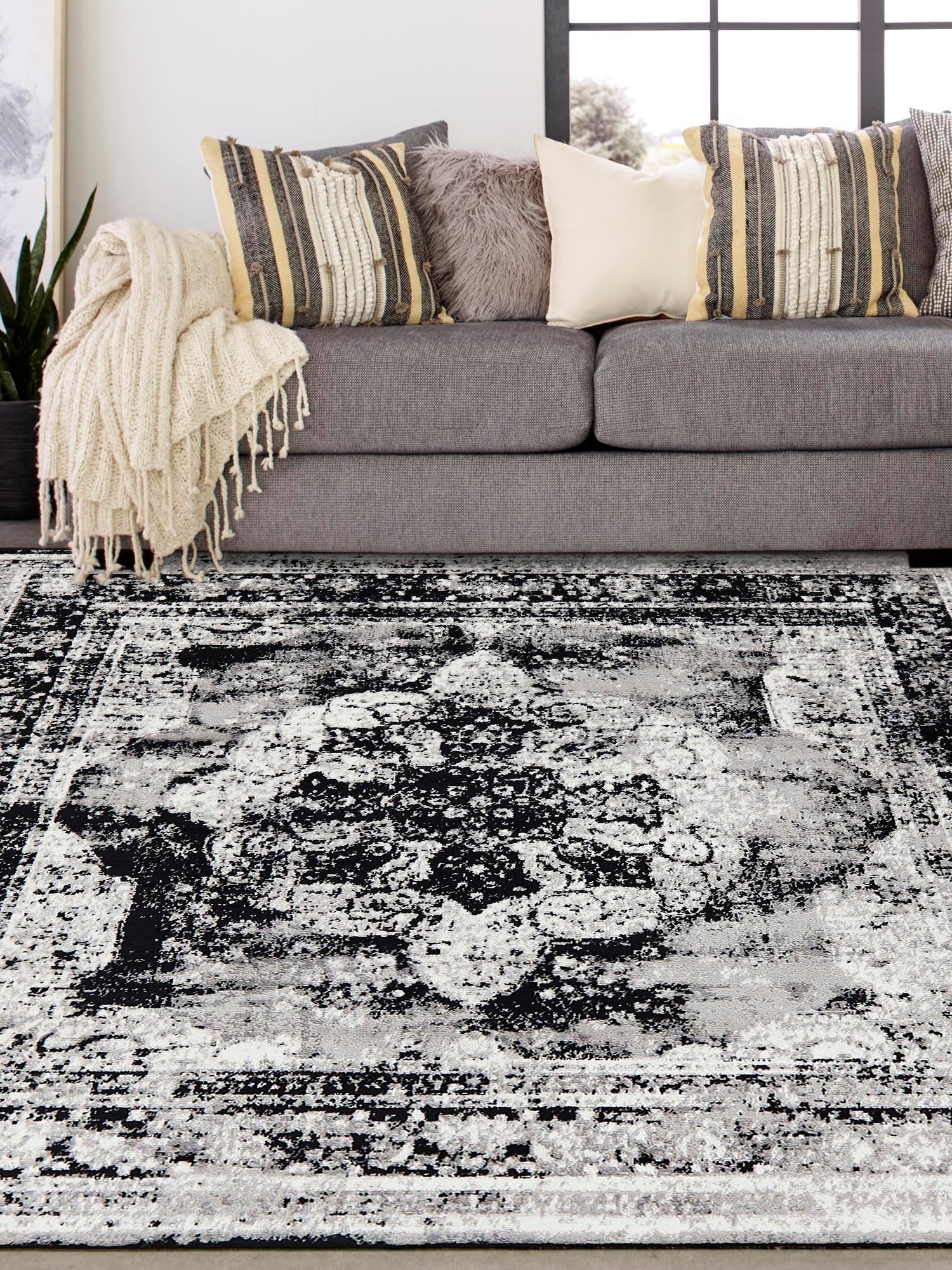 Black 10' x 10' Sofia Square Area Rug Durable Easy Clean Stain Resistant Unique Carpet for Affordable Interior Home Design for Sale at Rug Engine