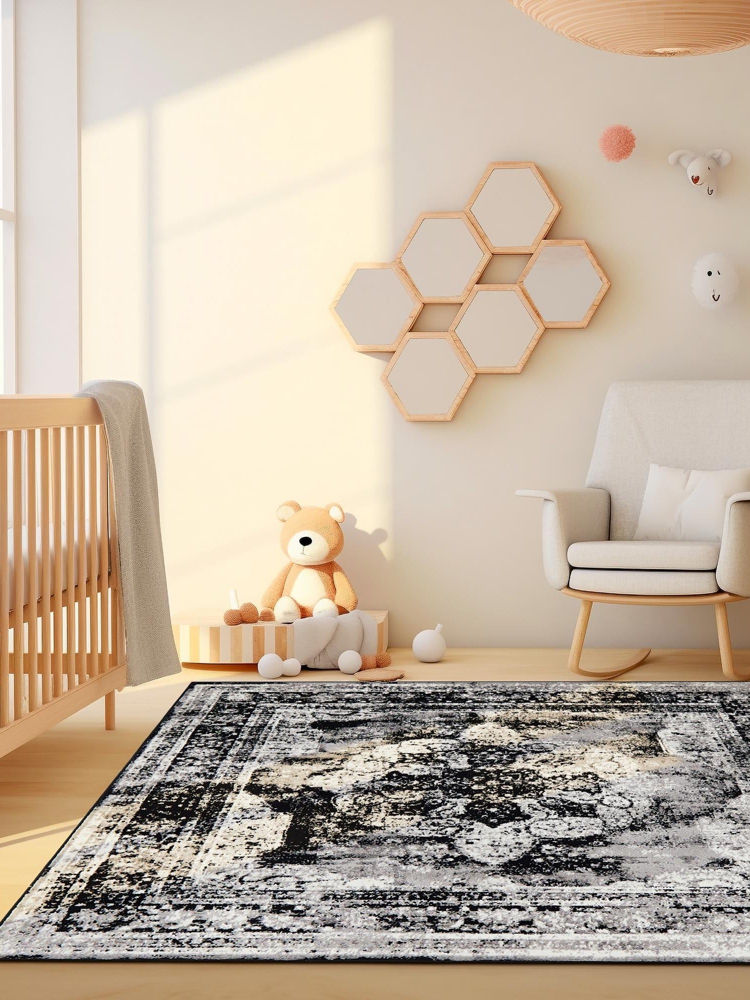 Black 5' 3 x 5' 3 Sofia Square Area Rug Durable Easy Clean Stain Resistant Unique Carpet for Affordable Interior Home Design for Sale at Rug Engine