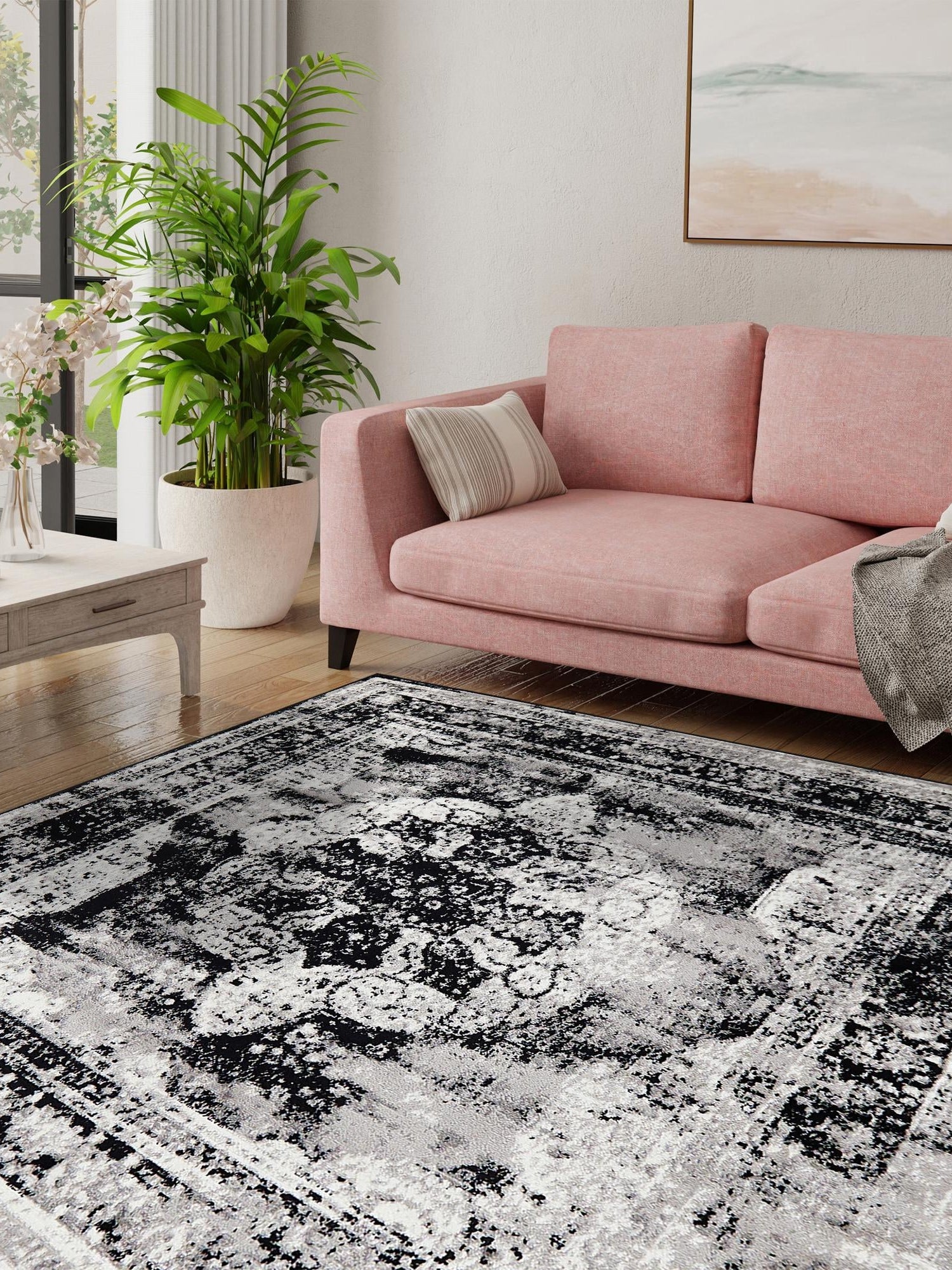 Black 12' x 12' Sofia Square Area Rug Durable Easy Clean Stain Resistant Unique Carpet for Affordable Interior Home Design for Sale at Rug Engine