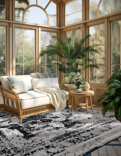 Black 7' 10 x 7' 10 Sofia Square Area Rug Durable Easy Clean Stain Resistant Unique Carpet for Affordable Interior Home Design for Sale at Rug Engine