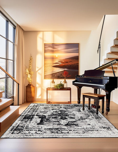 Black 10' x 10' Sofia Square Area Rug Durable Easy Clean Stain Resistant Unique Carpet for Affordable Interior Home Design for Sale at Rug Engine