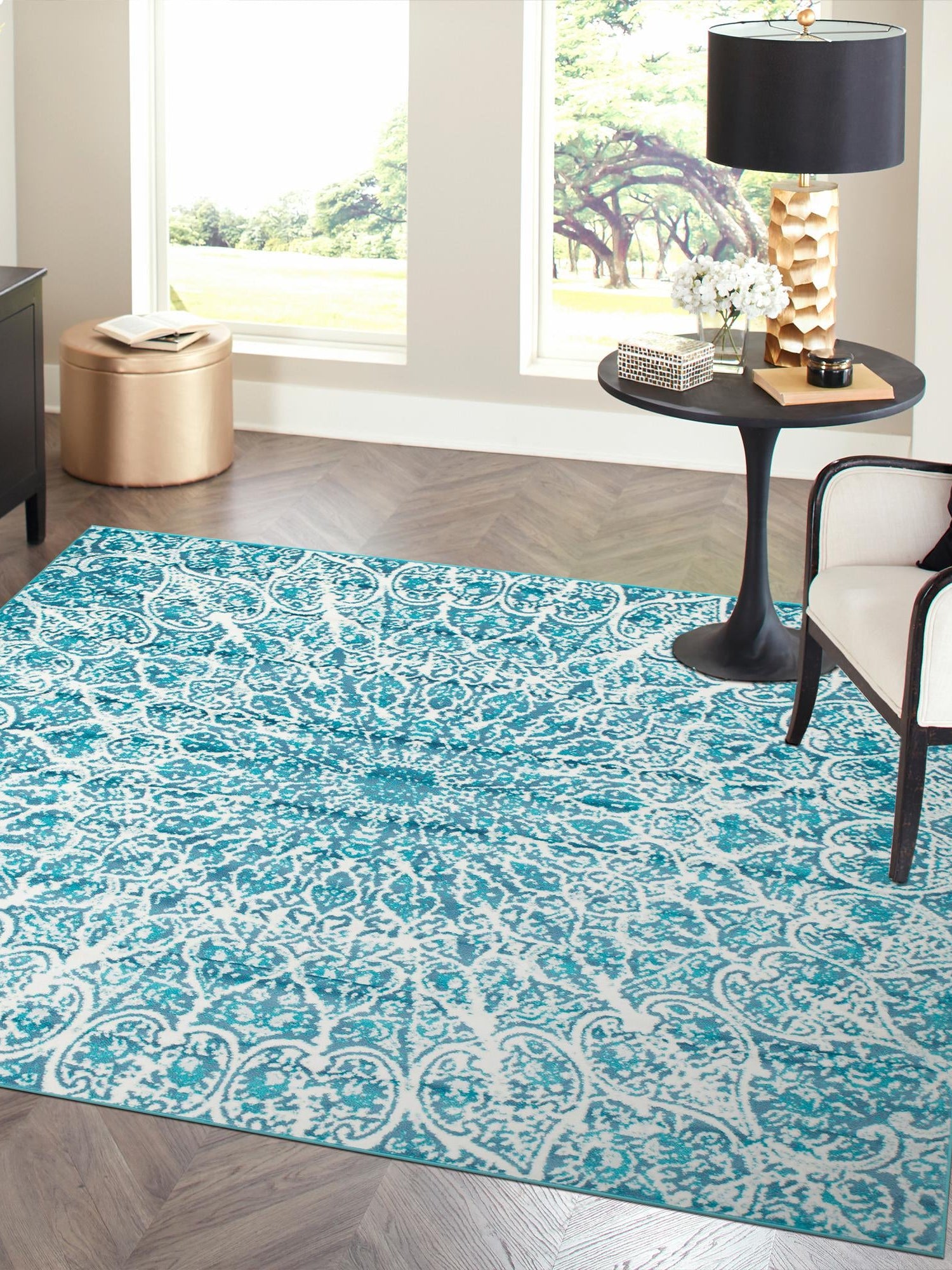 Turquoise 7' 10 x 7' 10 Sofia Square Area Rug Durable Easy Clean Stain Resistant Unique Carpet for Affordable Interior Home Design for Sale at Rug Engine