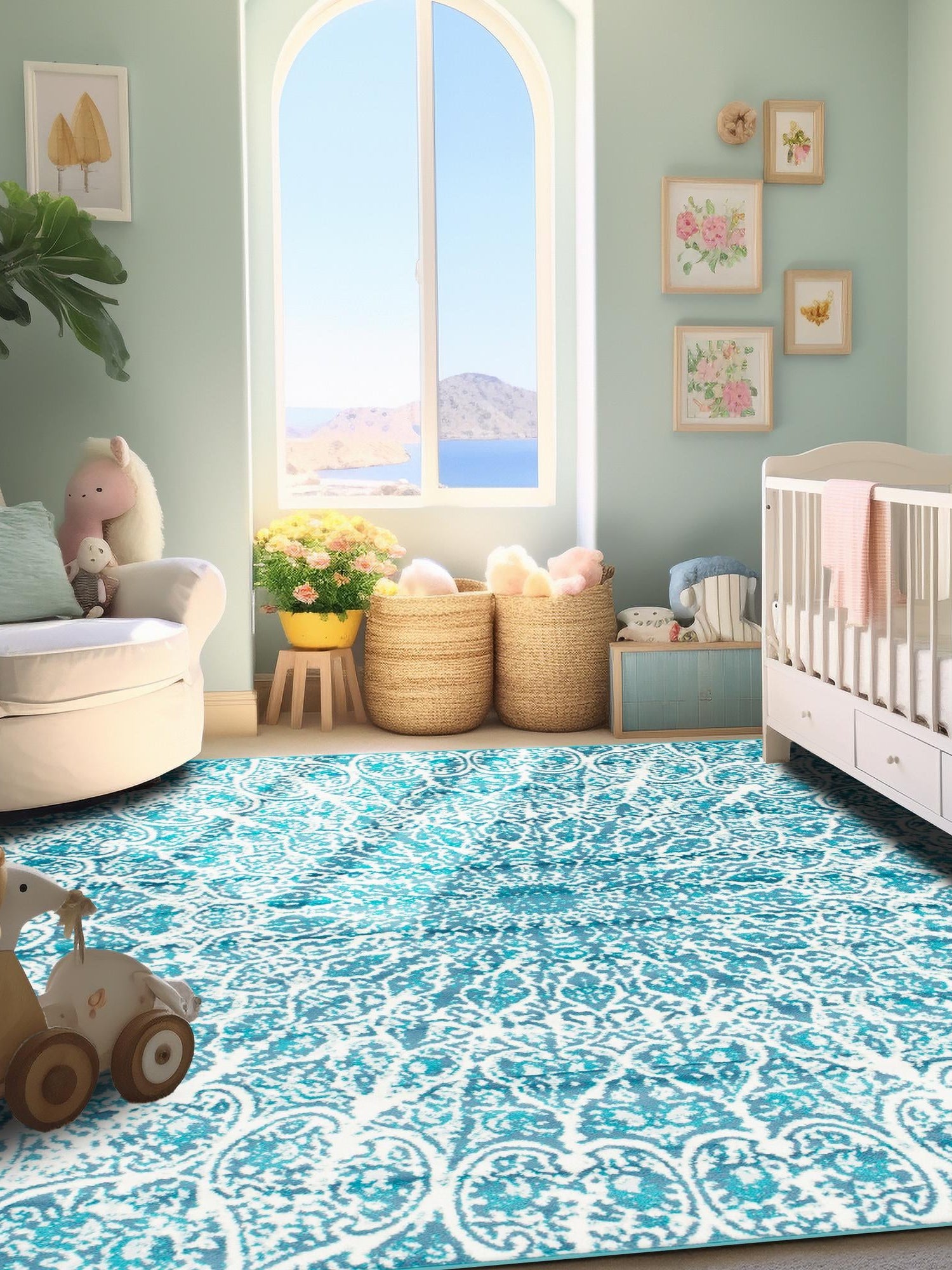 Turquoise 7' 10 x 7' 10 Sofia Square Area Rug Durable Easy Clean Stain Resistant Unique Carpet for Affordable Interior Home Design for Sale at Rug Engine