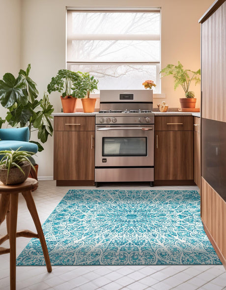 Turquoise 7' 10 x 7' 10 Sofia Square Area Rug Durable Easy Clean Stain Resistant Unique Carpet for Affordable Interior Home Design for Sale at Rug Engine