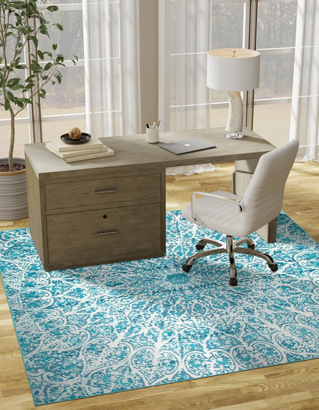 Turquoise 7' 10 x 7' 10 Sofia Square Area Rug Durable Easy Clean Stain Resistant Unique Carpet for Affordable Interior Home Design for Sale at Rug Engine