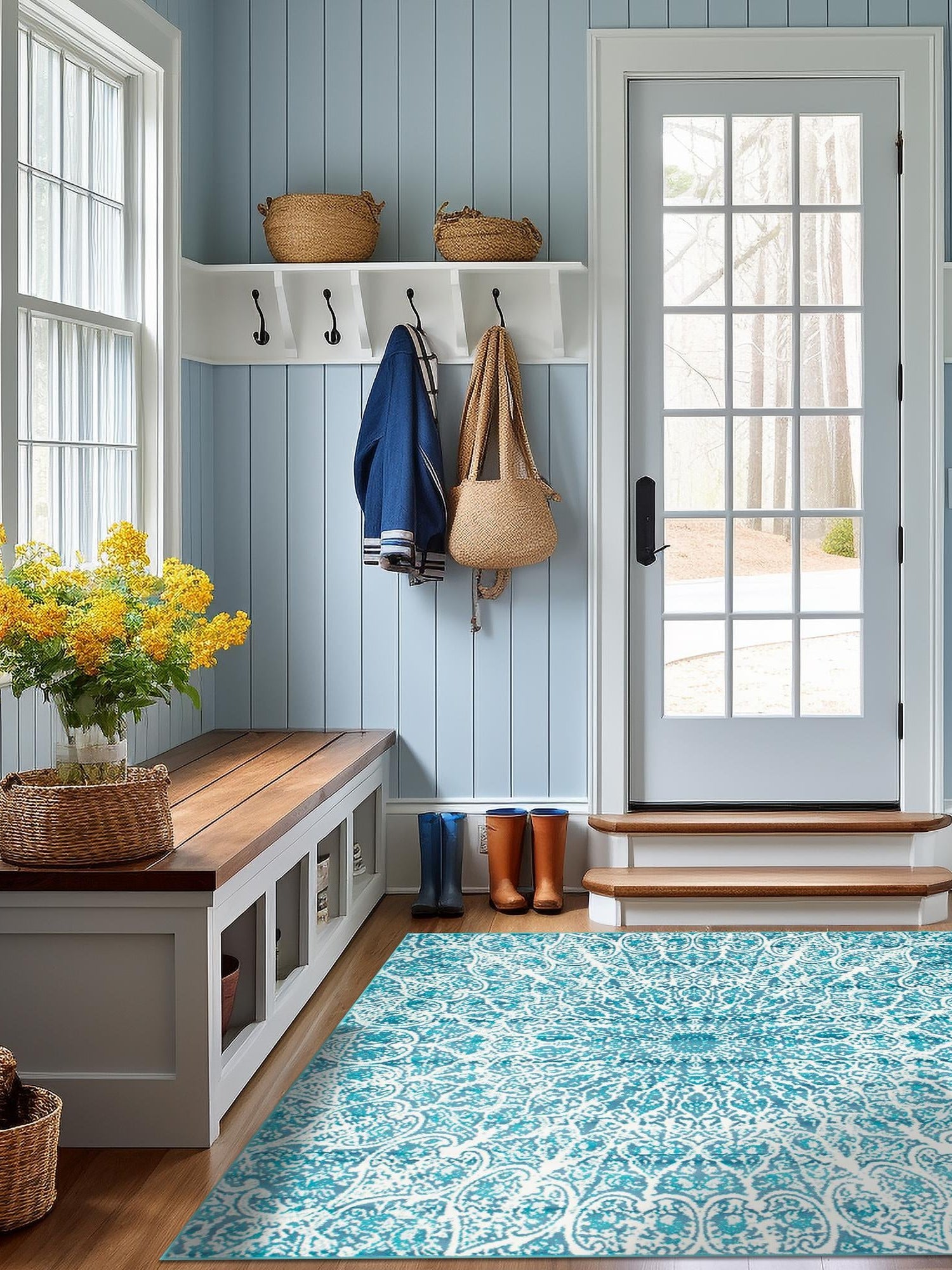 Turquoise 7' 10 x 7' 10 Sofia Square Area Rug Durable Easy Clean Stain Resistant Unique Carpet for Affordable Interior Home Design for Sale at Rug Engine
