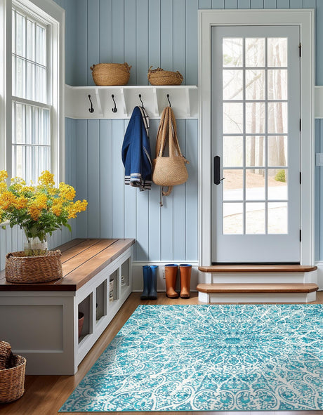 Turquoise 7' 10 x 7' 10 Sofia Square Area Rug Durable Easy Clean Stain Resistant Unique Carpet for Affordable Interior Home Design for Sale at Rug Engine