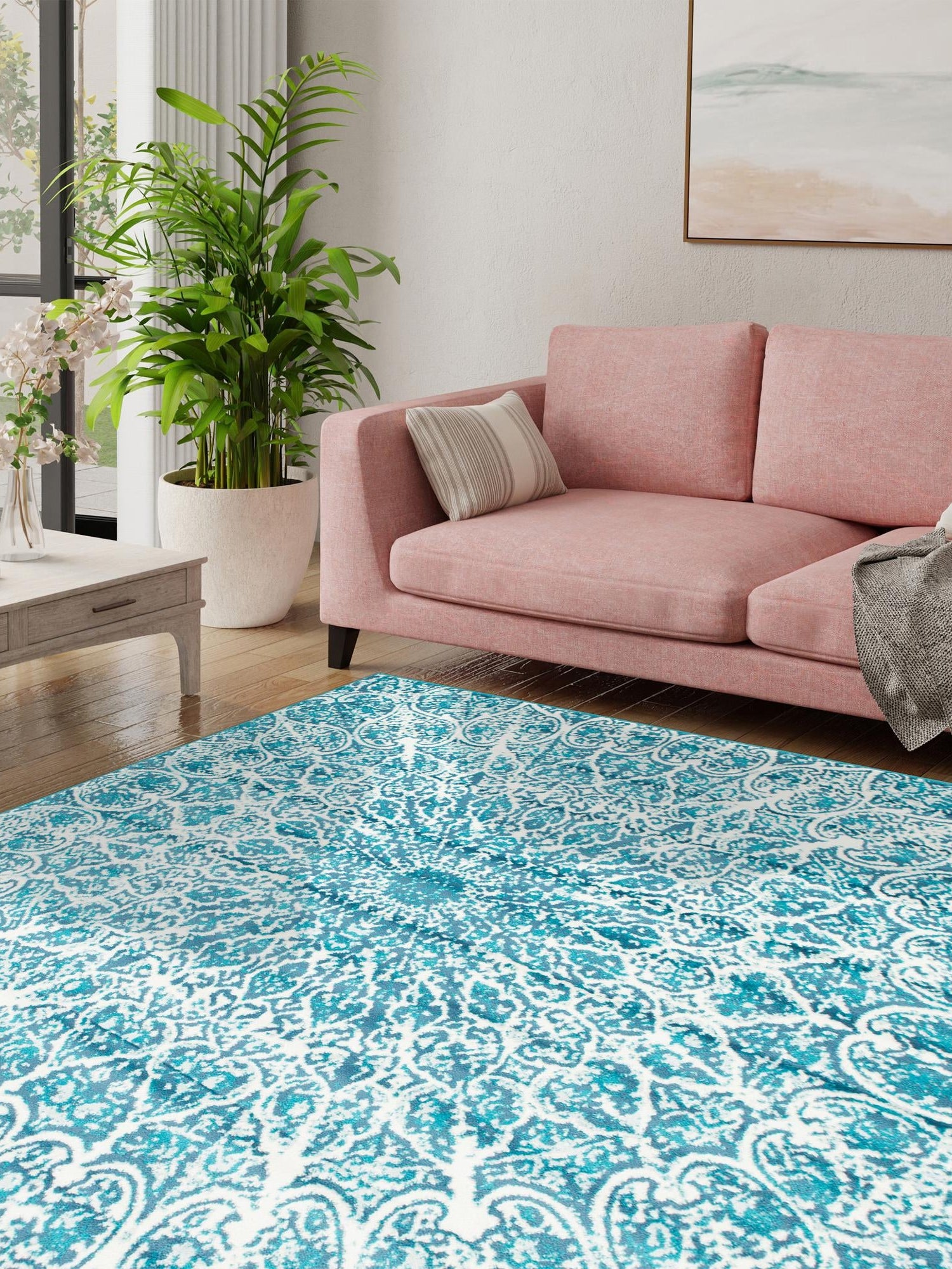 Turquoise 7' 10 x 7' 10 Sofia Square Area Rug Durable Easy Clean Stain Resistant Unique Carpet for Affordable Interior Home Design for Sale at Rug Engine
