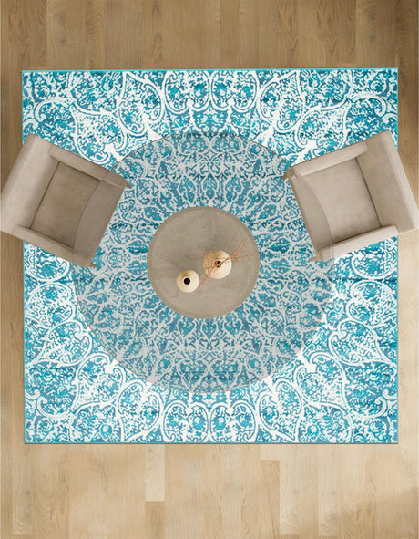 Turquoise 7' 10 x 7' 10 Sofia Square Area Rug Durable Easy Clean Stain Resistant Unique Carpet for Affordable Interior Home Design for Sale at Rug Engine