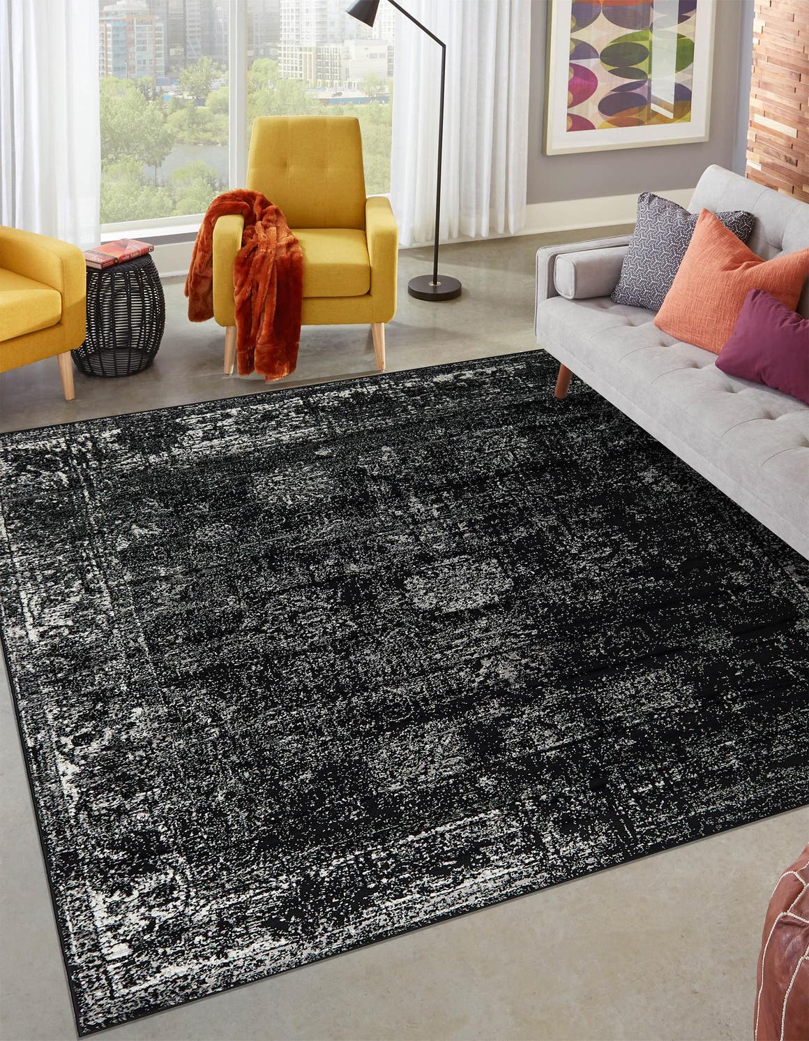 Black 10' x 10' Sofia Square Area Rug Durable Easy Clean Stain Resistant Unique Carpet for Affordable Interior Home Design for Sale at Rug Engine