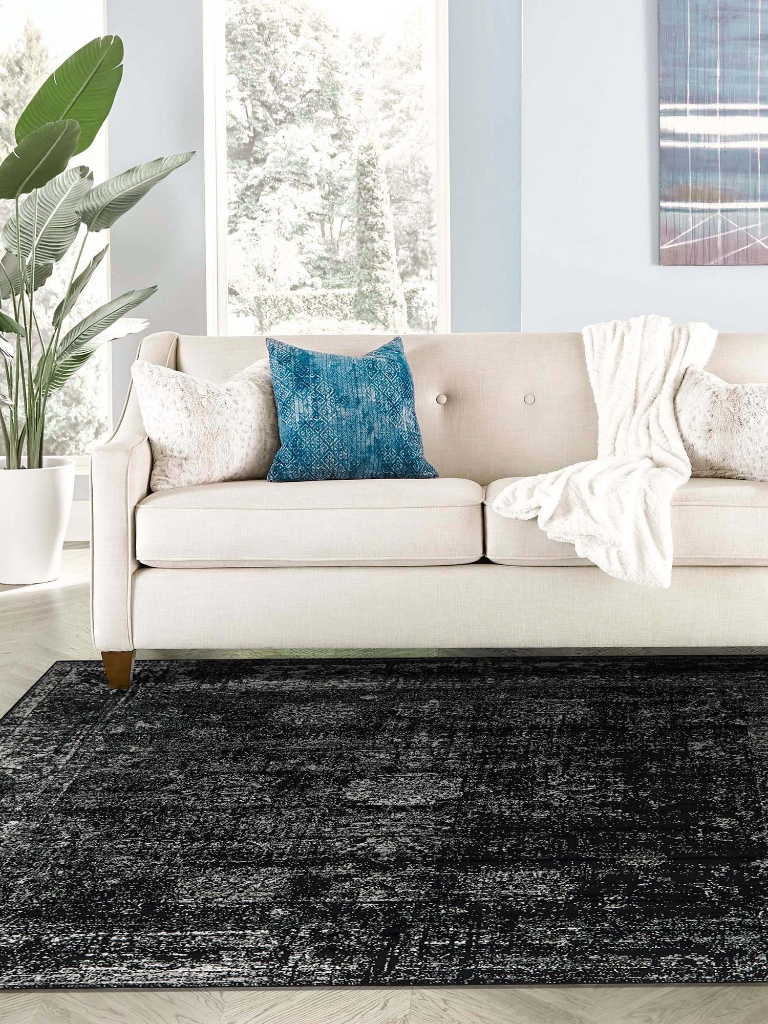Black 5' 3 x 5' 3 Sofia Square Area Rug Durable Easy Clean Stain Resistant Unique Carpet for Affordable Interior Home Design for Sale at Rug Engine