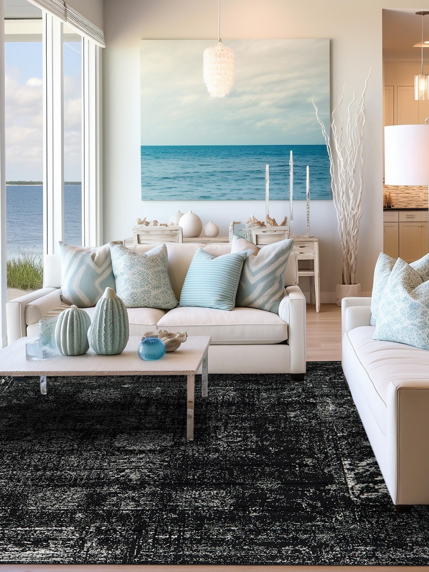 Black 7' 10 x 7' 10 Sofia Square Area Rug Durable Easy Clean Stain Resistant Unique Carpet for Affordable Interior Home Design for Sale at Rug Engine