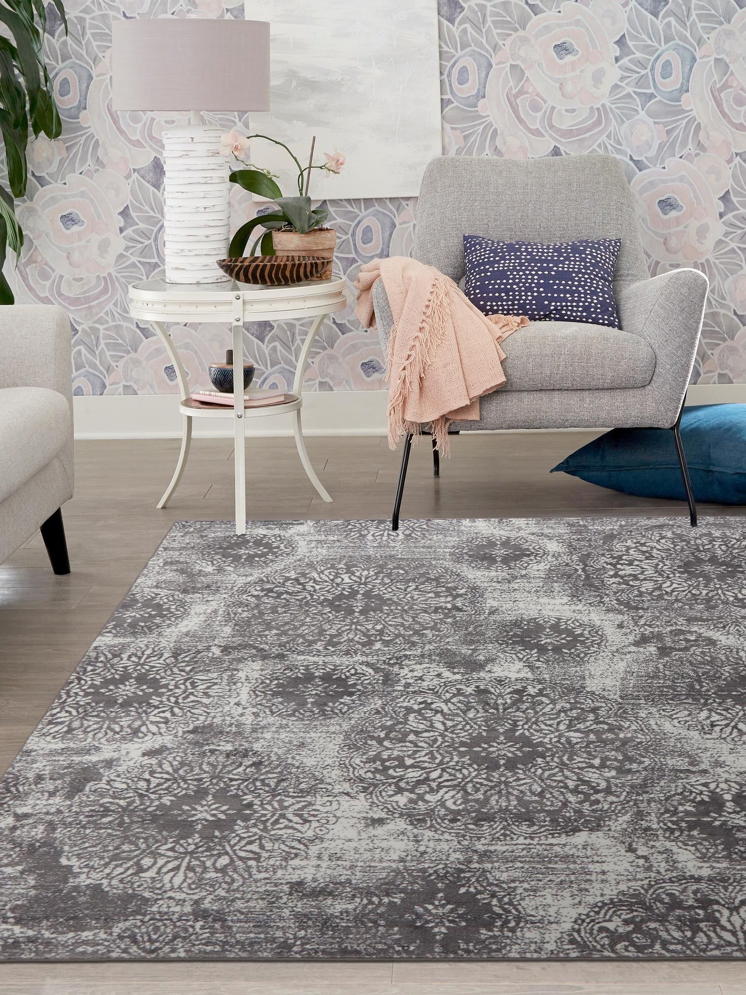 Gray 7' 10 x 7' 10 Sofia Square Area Rug Durable Easy Clean Stain Resistant Unique Carpet for Affordable Interior Home Design for Sale at Rug Engine