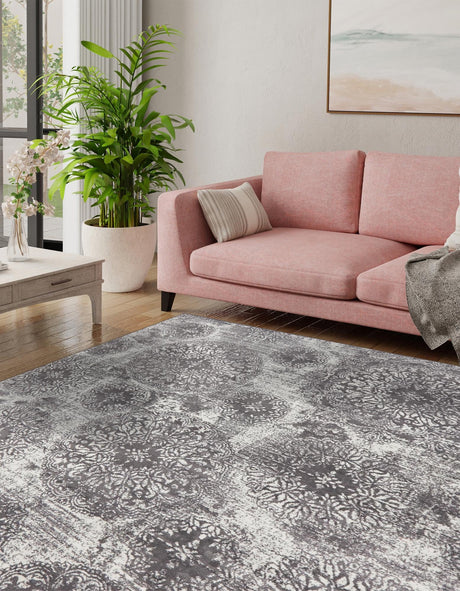 Gray 7' 10 x 7' 10 Sofia Square Area Rug Durable Easy Clean Stain Resistant Unique Carpet for Affordable Interior Home Design for Sale at Rug Engine