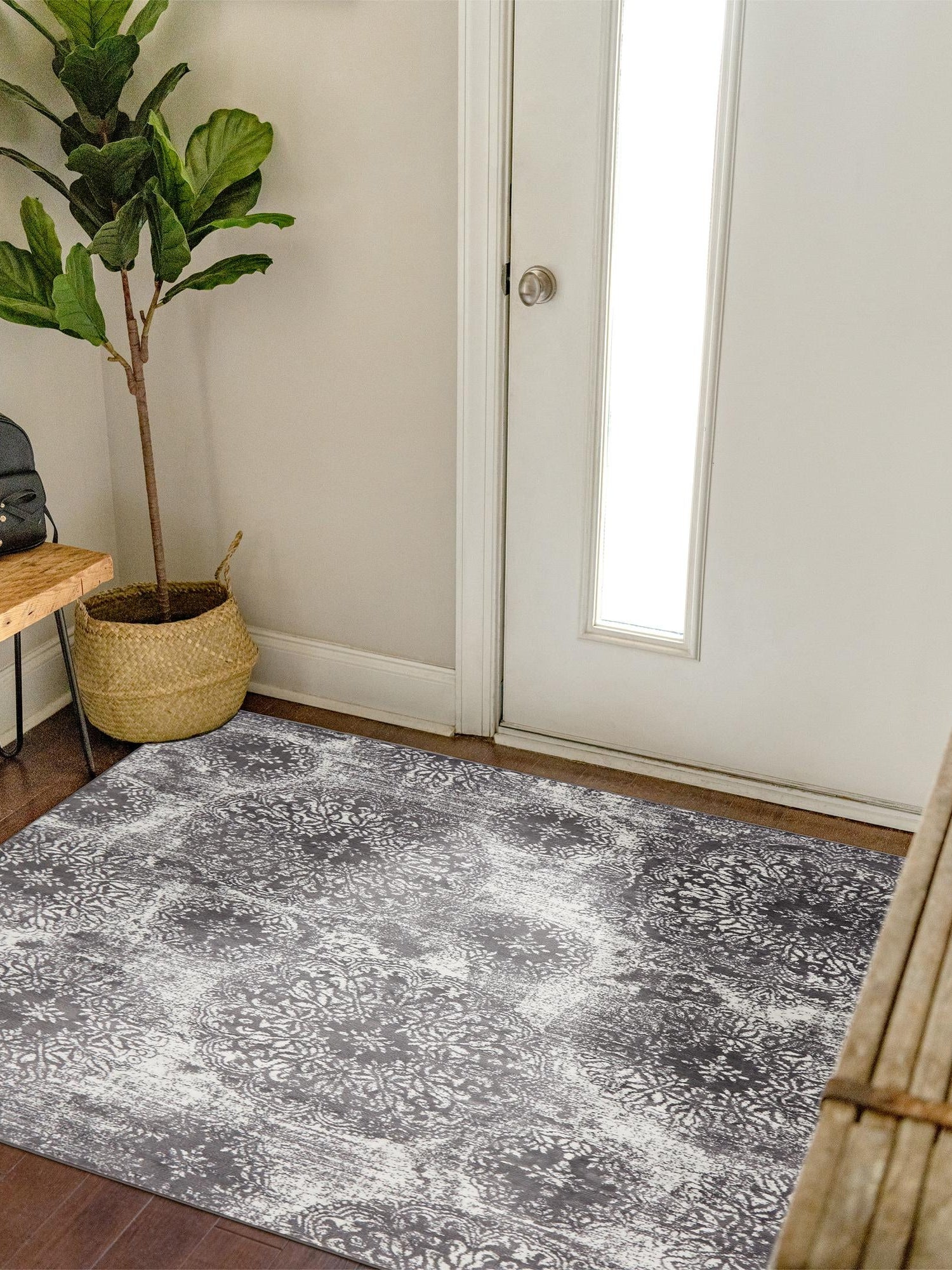 Gray 7' 10 x 7' 10 Sofia Square Area Rug Durable Easy Clean Stain Resistant Unique Carpet for Affordable Interior Home Design for Sale at Rug Engine