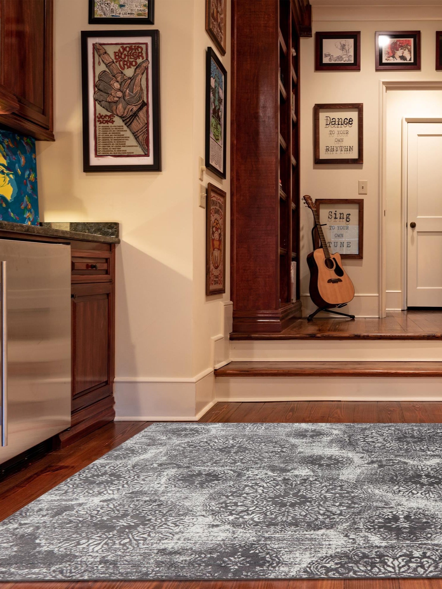 Gray 7' 10 x 7' 10 Sofia Square Area Rug Durable Easy Clean Stain Resistant Unique Carpet for Affordable Interior Home Design for Sale at Rug Engine