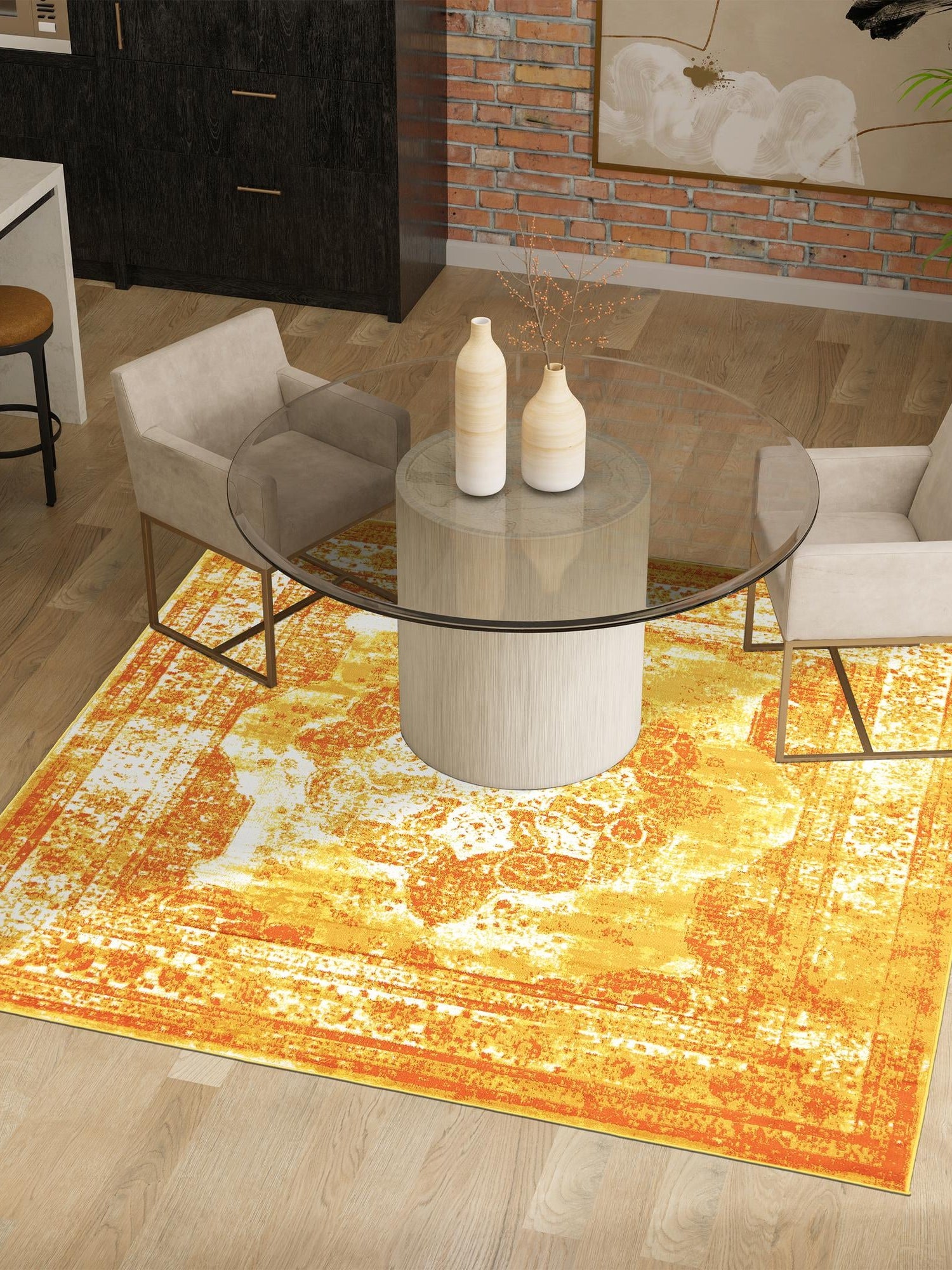 Orange 7' 10 x 7' 10 Sofia Square Area Rug Durable Easy Clean Stain Resistant Unique Carpet for Affordable Interior Home Design for Sale at Rug Engine