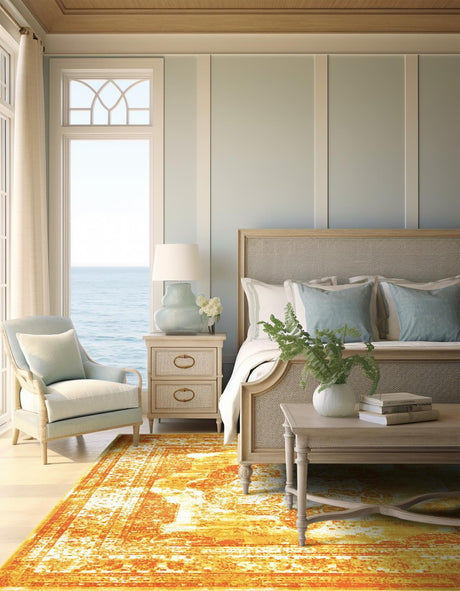 Orange 7' 10 x 7' 10 Sofia Square Area Rug Durable Easy Clean Stain Resistant Unique Carpet for Affordable Interior Home Design for Sale at Rug Engine