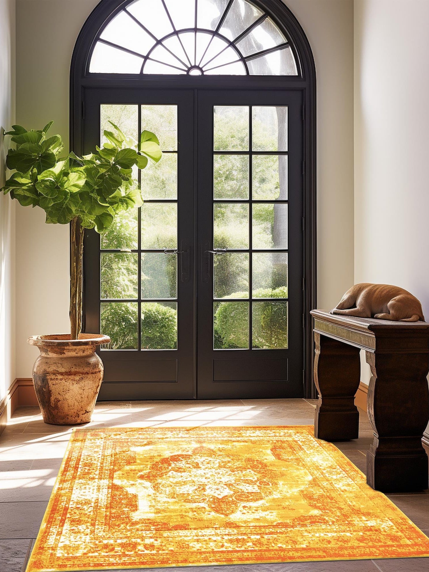 Orange 7' 10 x 7' 10 Sofia Square Area Rug Durable Easy Clean Stain Resistant Unique Carpet for Affordable Interior Home Design for Sale at Rug Engine
