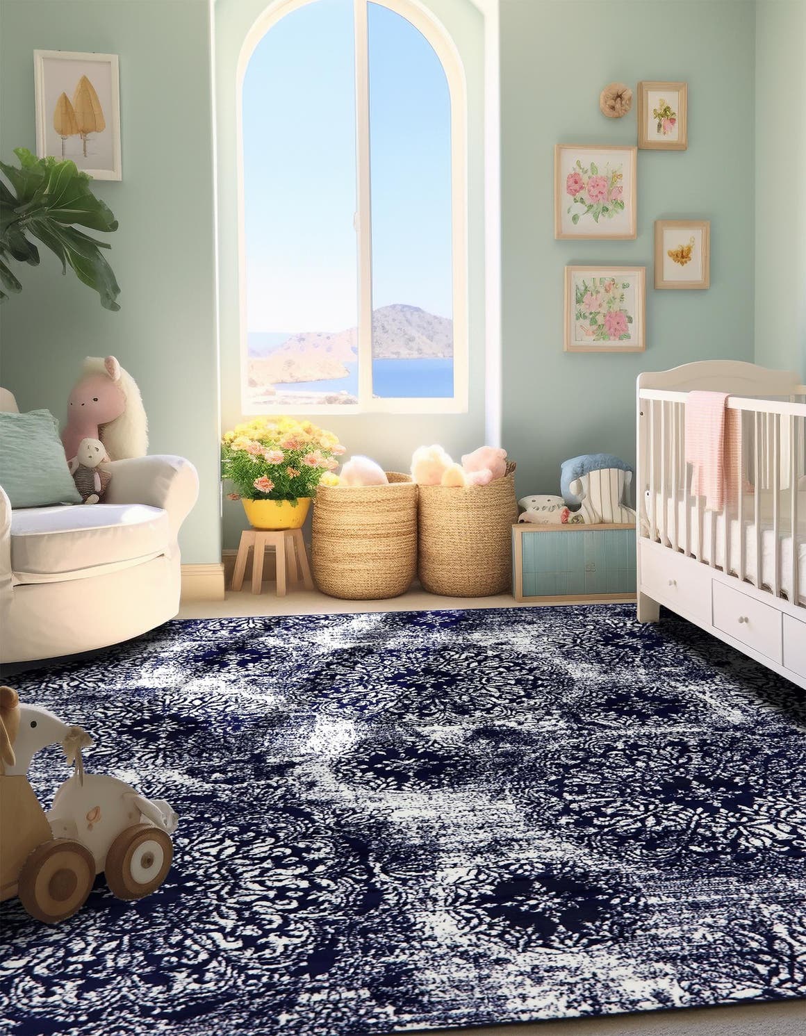 Navy Blue 7' 10 x 7' 10 Sofia Square Area Rug Durable Easy Clean Stain Resistant Unique Carpet for Affordable Interior Home Design for Sale at Rug Engine