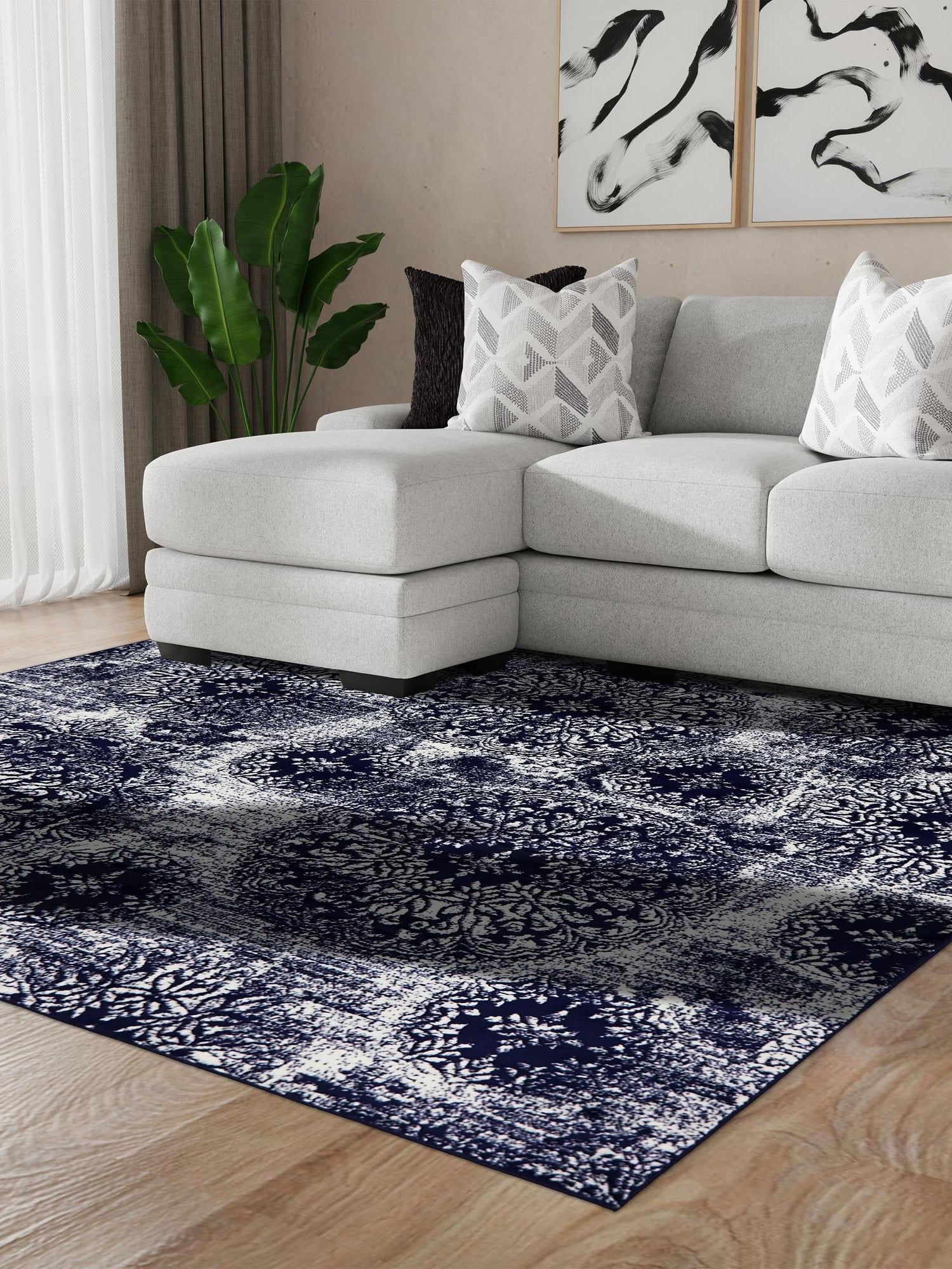 Navy Blue 7' 10 x 7' 10 Sofia Square Area Rug Durable Easy Clean Stain Resistant Unique Carpet for Affordable Interior Home Design for Sale at Rug Engine