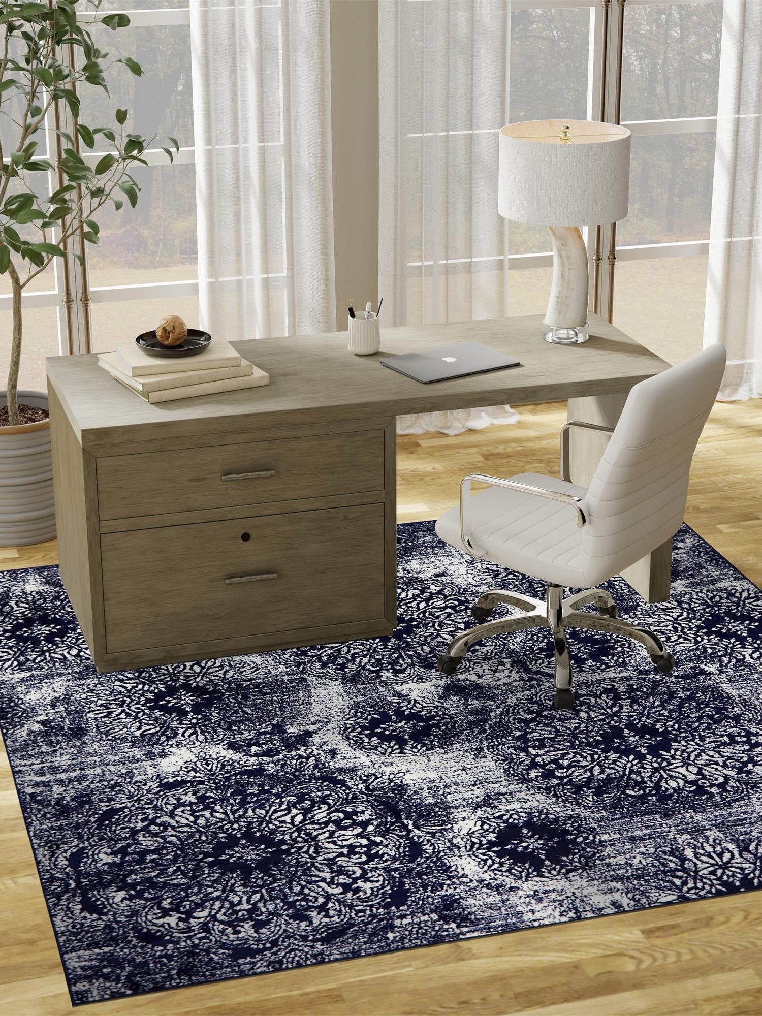 Navy Blue 7' 10 x 7' 10 Sofia Square Area Rug Durable Easy Clean Stain Resistant Unique Carpet for Affordable Interior Home Design for Sale at Rug Engine