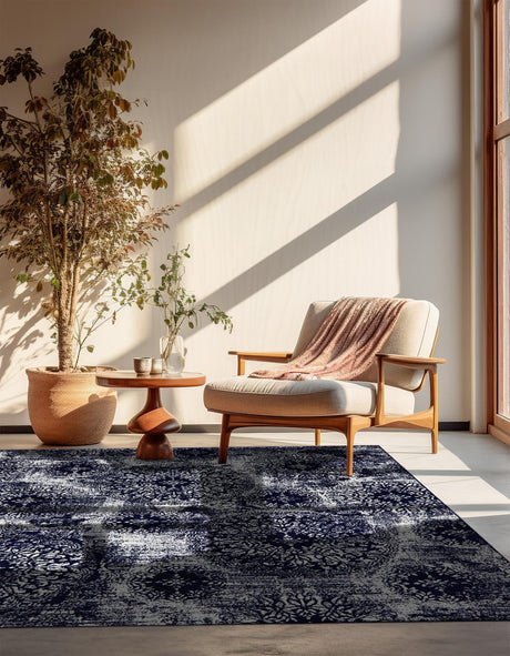 Navy Blue 6' 1 x 6' 1 Sofia Square Area Rug Durable Easy Clean Stain Resistant Unique Carpet for Affordable Interior Home Design for Sale at Rug Engine