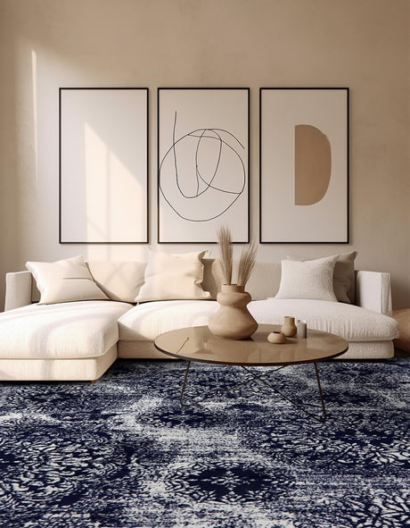Navy Blue 6' 1 x 6' 1 Sofia Square Area Rug Durable Easy Clean Stain Resistant Unique Carpet for Affordable Interior Home Design for Sale at Rug Engine
