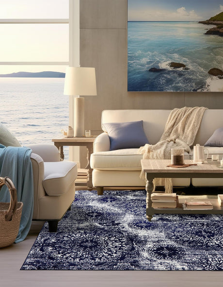 Navy Blue 7' 10 x 7' 10 Sofia Square Area Rug Durable Easy Clean Stain Resistant Unique Carpet for Affordable Interior Home Design for Sale at Rug Engine