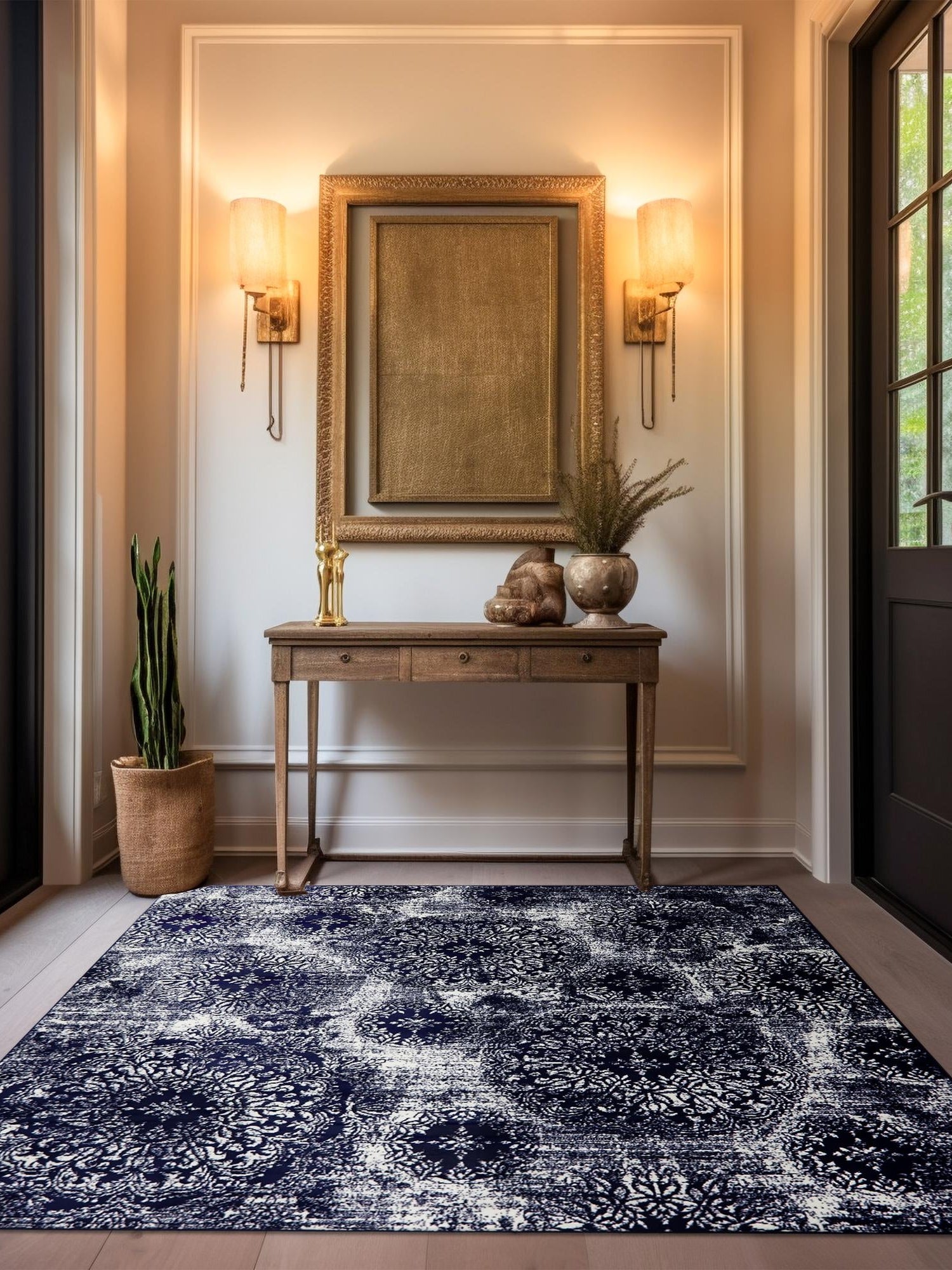 Navy Blue 6' 1 x 6' 1 Sofia Square Area Rug Durable Easy Clean Stain Resistant Unique Carpet for Affordable Interior Home Design for Sale at Rug Engine