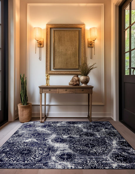 Navy Blue 6' 1 x 6' 1 Sofia Square Area Rug Durable Easy Clean Stain Resistant Unique Carpet for Affordable Interior Home Design for Sale at Rug Engine