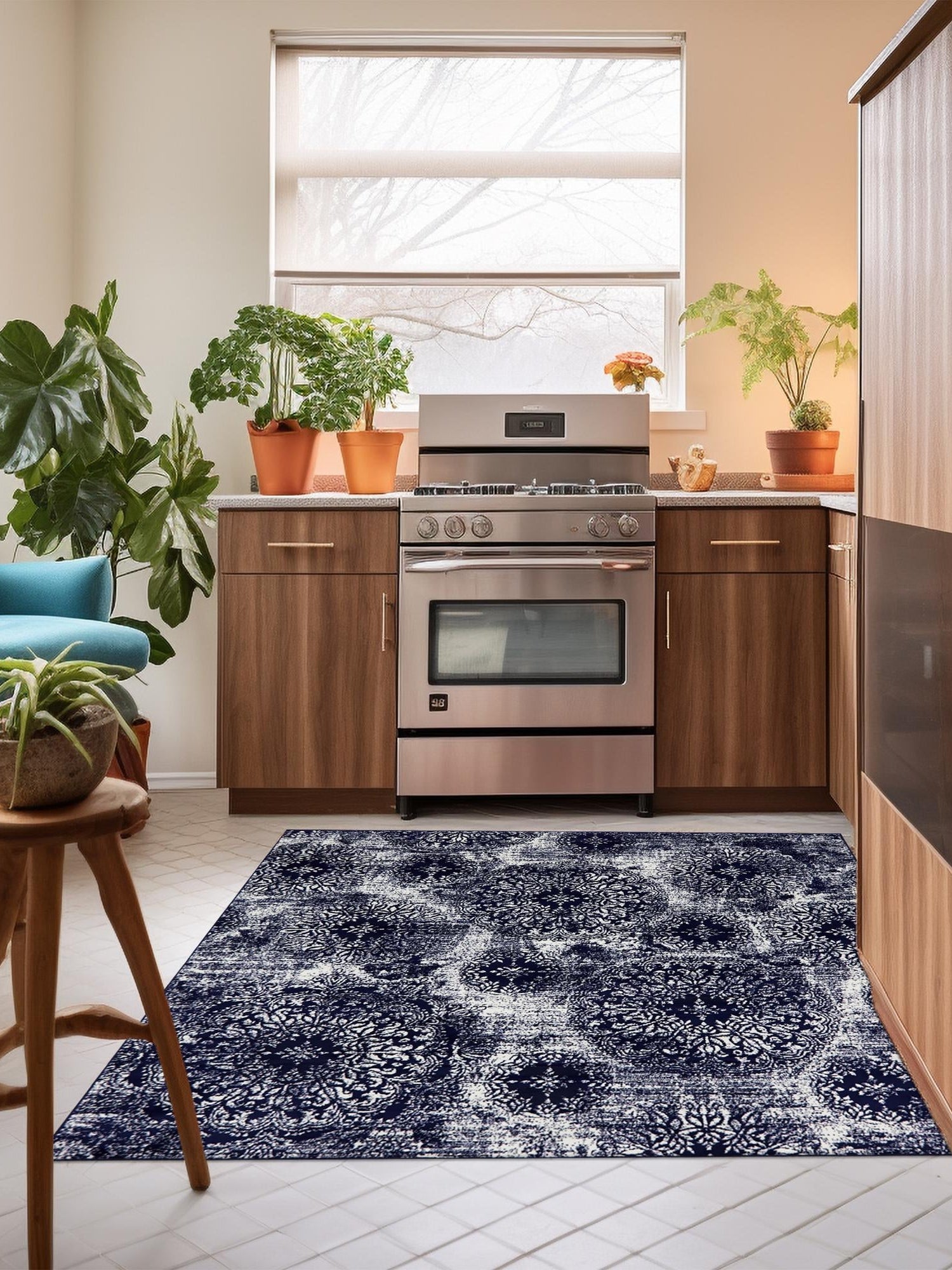 Navy Blue 6' 1 x 6' 1 Sofia Square Area Rug Durable Easy Clean Stain Resistant Unique Carpet for Affordable Interior Home Design for Sale at Rug Engine