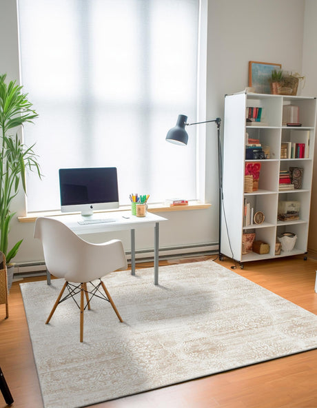 Beige 7' 10 x 7' 10 Sofia Square Area Rug Durable Easy Clean Stain Resistant Unique Carpet for Affordable Interior Home Design for Sale at Rug Engine