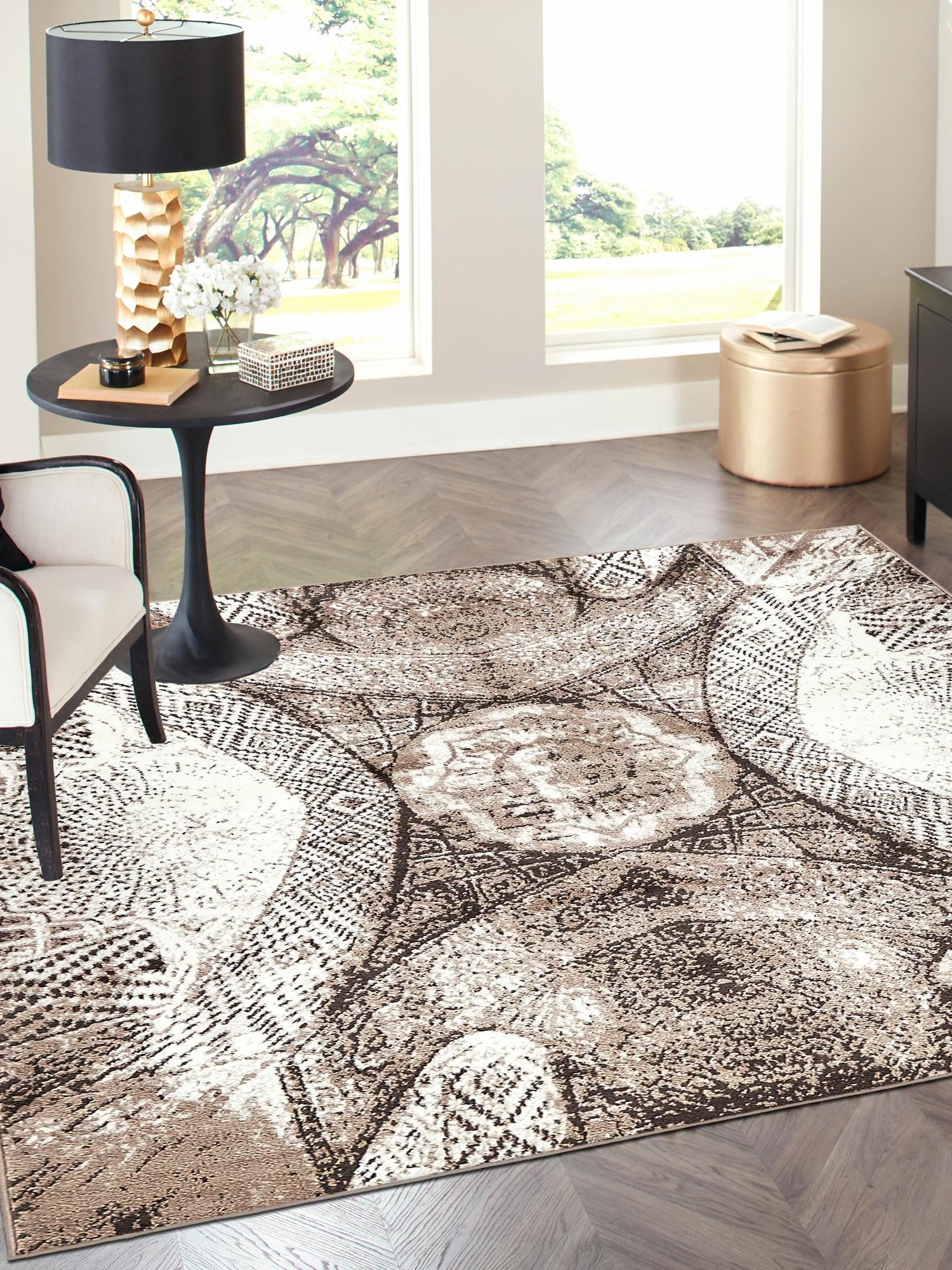 Brown 7' 10 x 7' 10 Sofia Square Area Rug Durable Easy Clean Stain Resistant Unique Carpet for Affordable Interior Home Design for Sale at Rug Engine