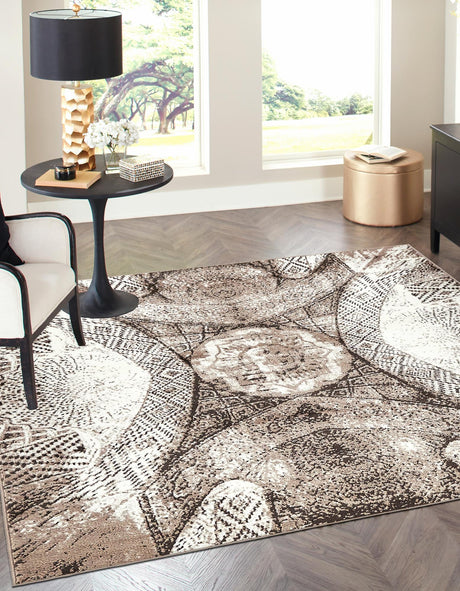 Brown 7' 10 x 7' 10 Sofia Square Area Rug Durable Easy Clean Stain Resistant Unique Carpet for Affordable Interior Home Design for Sale at Rug Engine