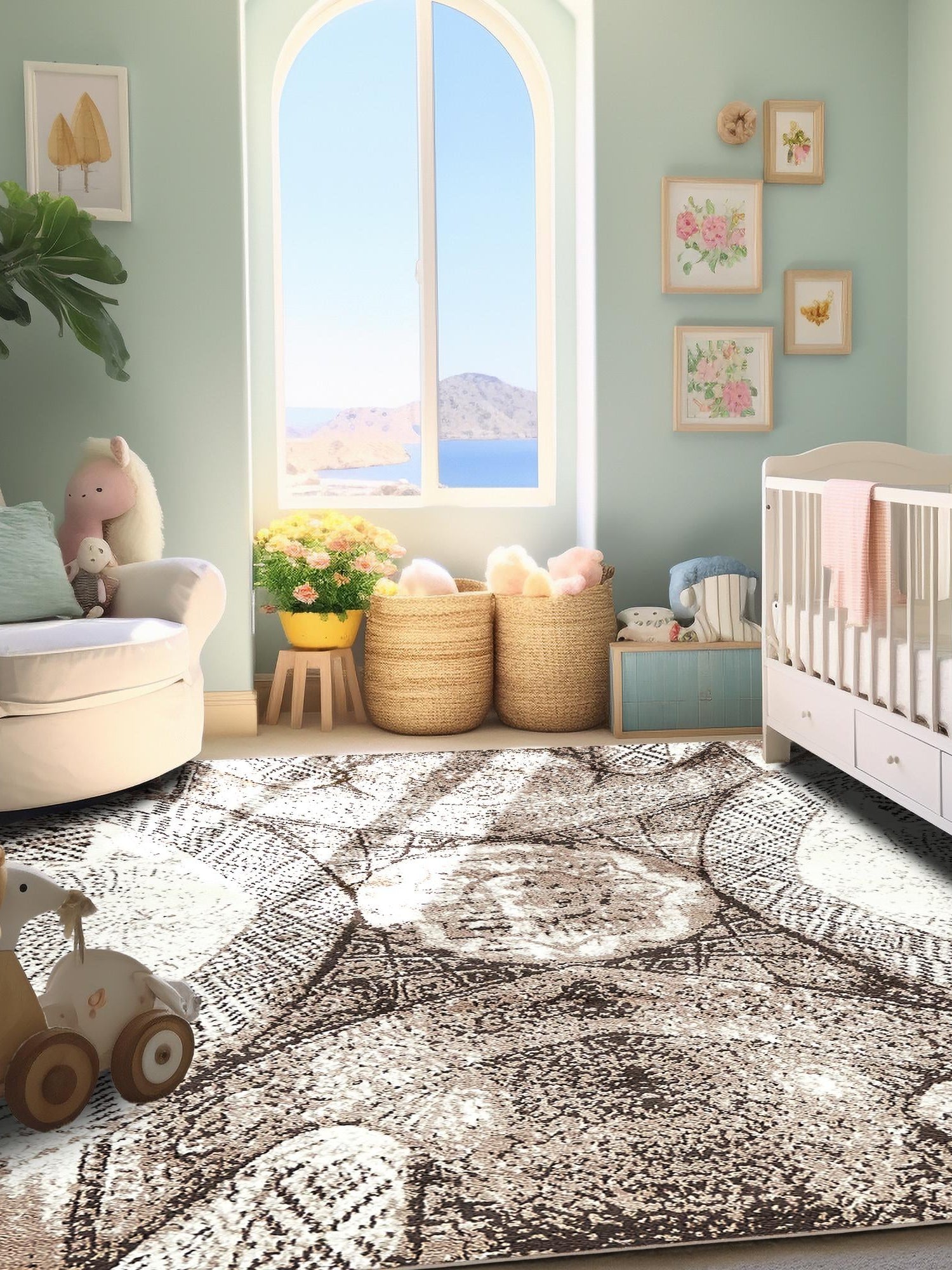 Brown 7' 10 x 7' 10 Sofia Square Area Rug Durable Easy Clean Stain Resistant Unique Carpet for Affordable Interior Home Design for Sale at Rug Engine