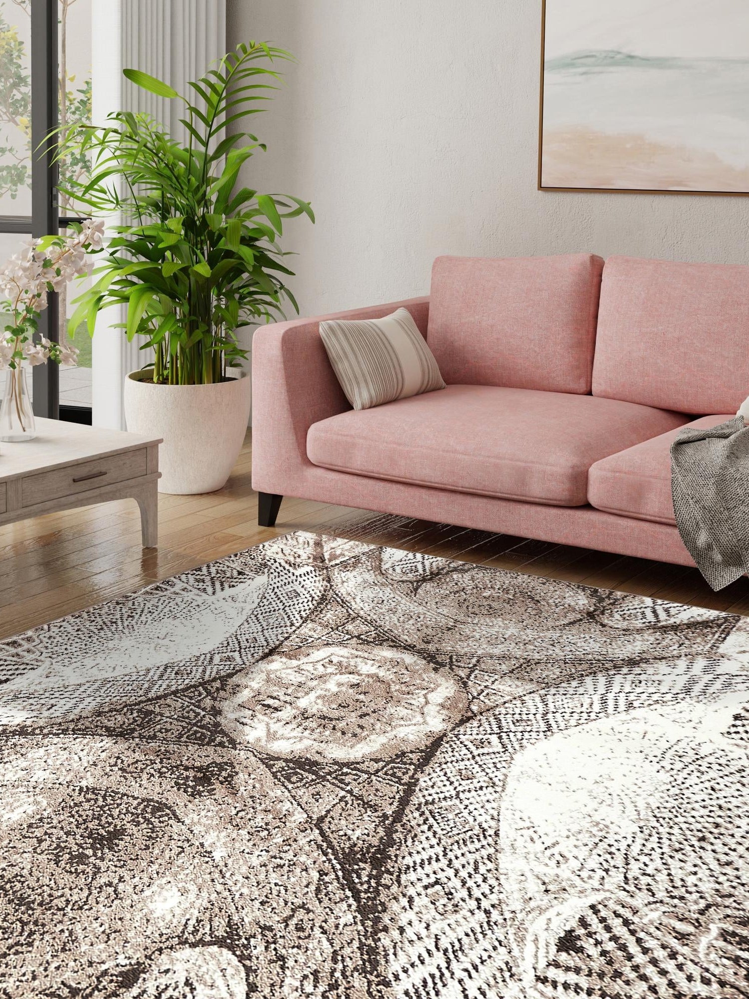 Brown 7' 10 x 7' 10 Sofia Square Area Rug Durable Easy Clean Stain Resistant Unique Carpet for Affordable Interior Home Design for Sale at Rug Engine