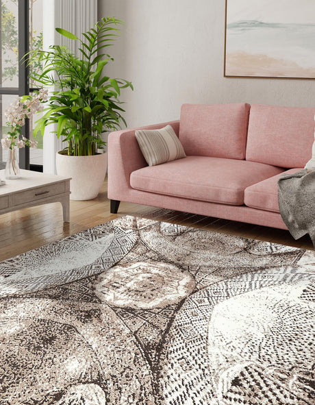Brown 7' 10 x 7' 10 Sofia Square Area Rug Durable Easy Clean Stain Resistant Unique Carpet for Affordable Interior Home Design for Sale at Rug Engine