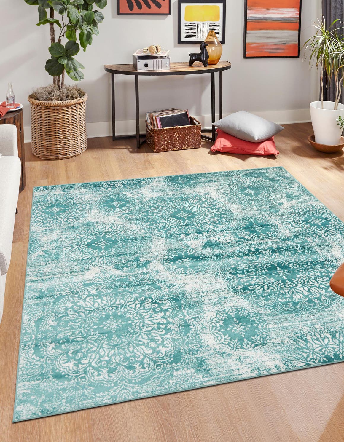 Turquoise 6' 1 x 6' 1 Sofia Square Area Rug Durable Easy Clean Stain Resistant Unique Carpet for Affordable Interior Home Design for Sale at Rug Engine