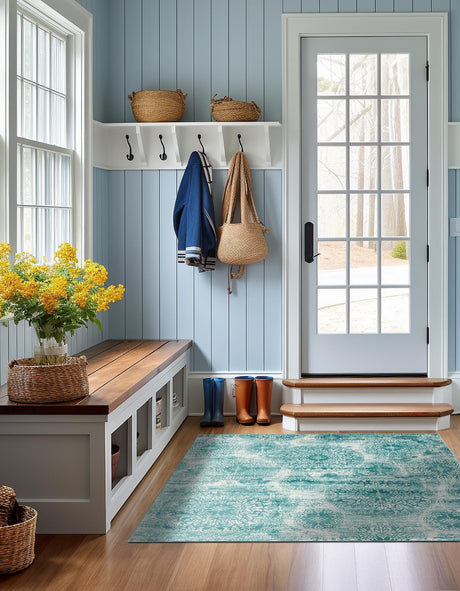 Turquoise 7' 10 x 7' 10 Sofia Square Area Rug Durable Easy Clean Stain Resistant Unique Carpet for Affordable Interior Home Design for Sale at Rug Engine