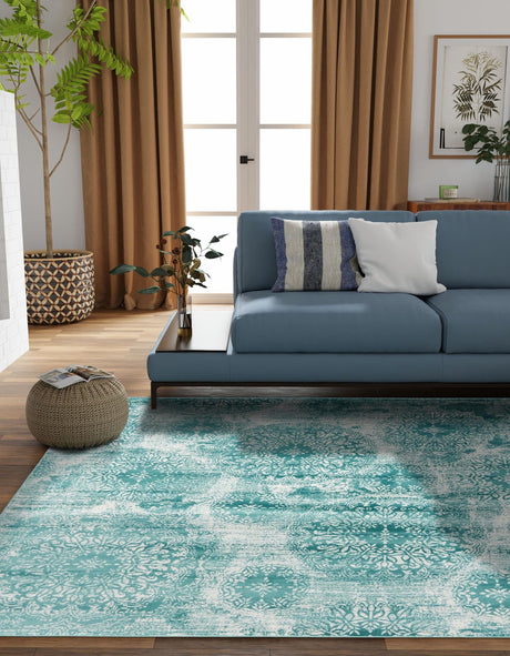 Turquoise 6' 1 x 6' 1 Sofia Square Area Rug Durable Easy Clean Stain Resistant Unique Carpet for Affordable Interior Home Design for Sale at Rug Engine