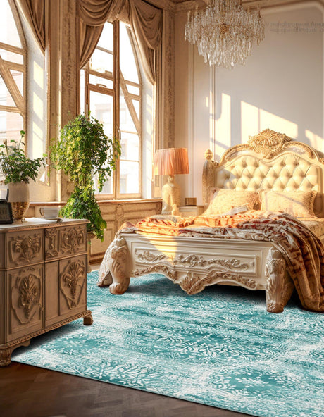 Turquoise 7' 10 x 7' 10 Sofia Square Area Rug Durable Easy Clean Stain Resistant Unique Carpet for Affordable Interior Home Design for Sale at Rug Engine