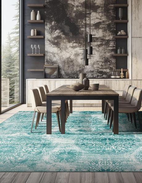 Turquoise 7' 10 x 7' 10 Sofia Square Area Rug Durable Easy Clean Stain Resistant Unique Carpet for Affordable Interior Home Design for Sale at Rug Engine