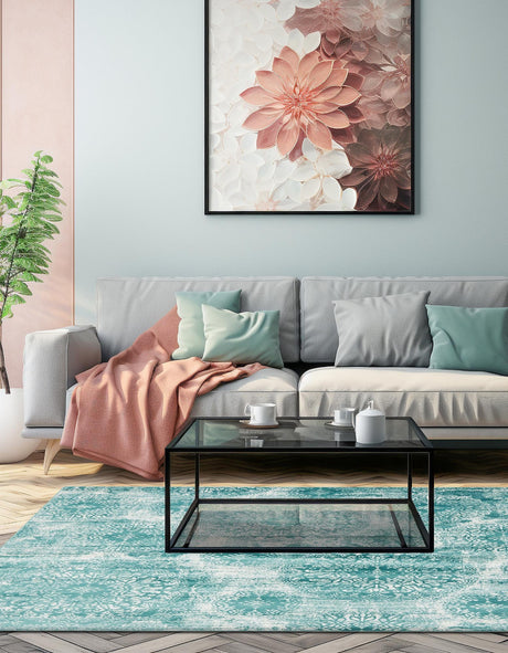 Turquoise 7' 10 x 7' 10 Sofia Square Area Rug Durable Easy Clean Stain Resistant Unique Carpet for Affordable Interior Home Design for Sale at Rug Engine