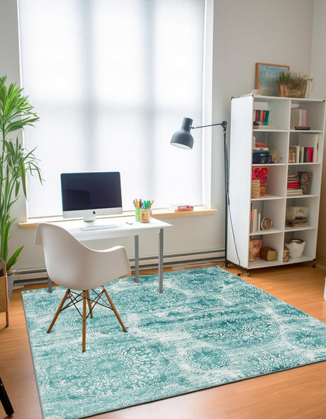 Turquoise 7' 10 x 7' 10 Sofia Square Area Rug Durable Easy Clean Stain Resistant Unique Carpet for Affordable Interior Home Design for Sale at Rug Engine