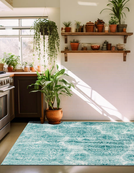 Turquoise 7' 10 x 7' 10 Sofia Square Area Rug Durable Easy Clean Stain Resistant Unique Carpet for Affordable Interior Home Design for Sale at Rug Engine