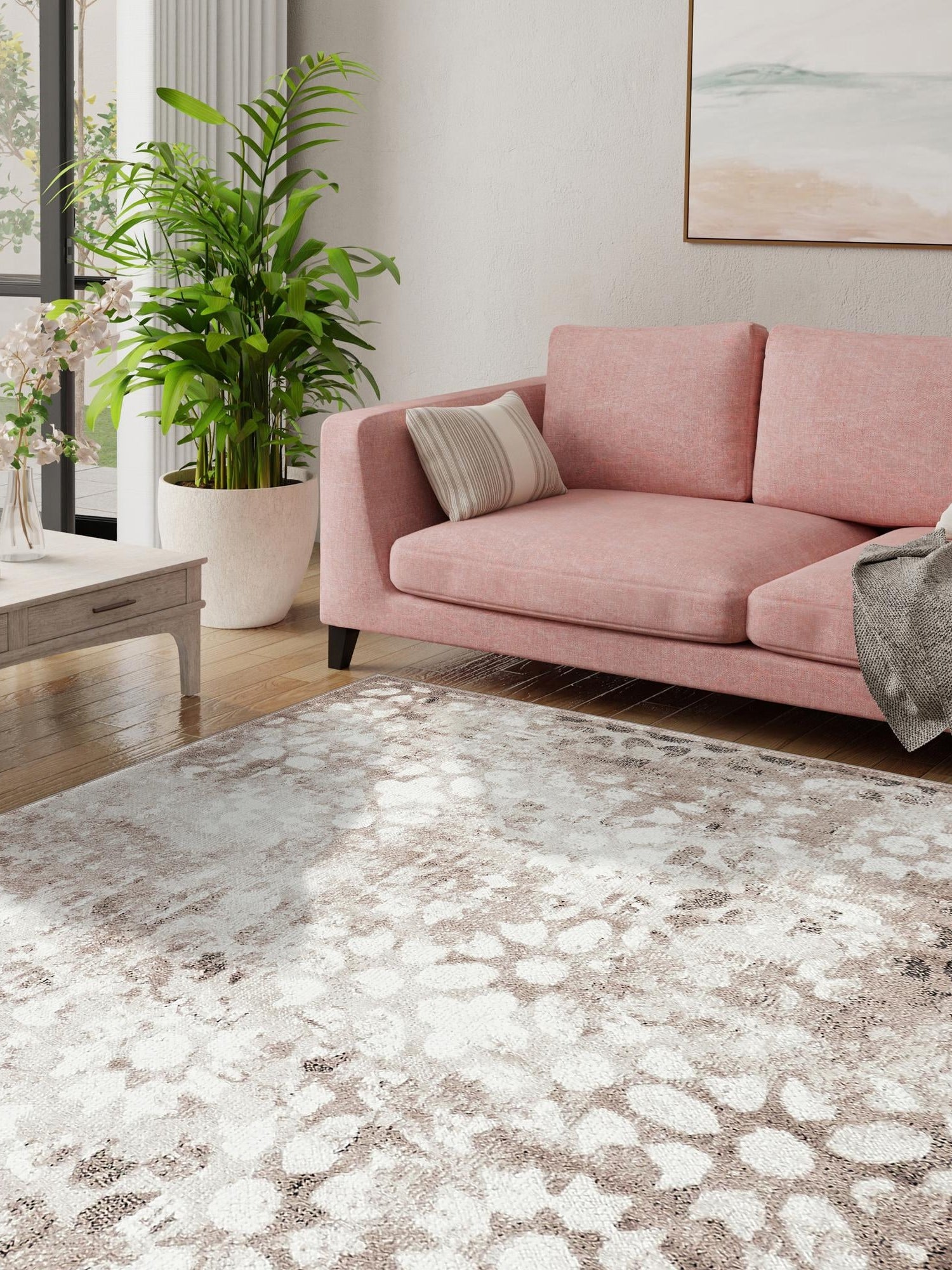 Brown 7' 10 x 7' 10 Sofia Square Area Rug Durable Easy Clean Stain Resistant Unique Carpet for Affordable Interior Home Design for Sale at Rug Engine