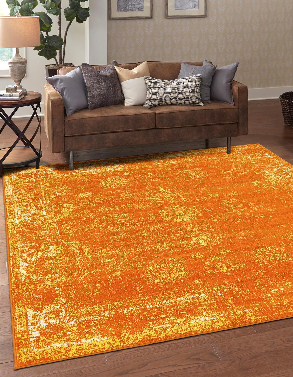 Orange 6' 1 x 6' 1 Sofia Square Area Rug Durable Easy Clean Stain Resistant Unique Carpet for Affordable Interior Home Design for Sale at Rug Engine