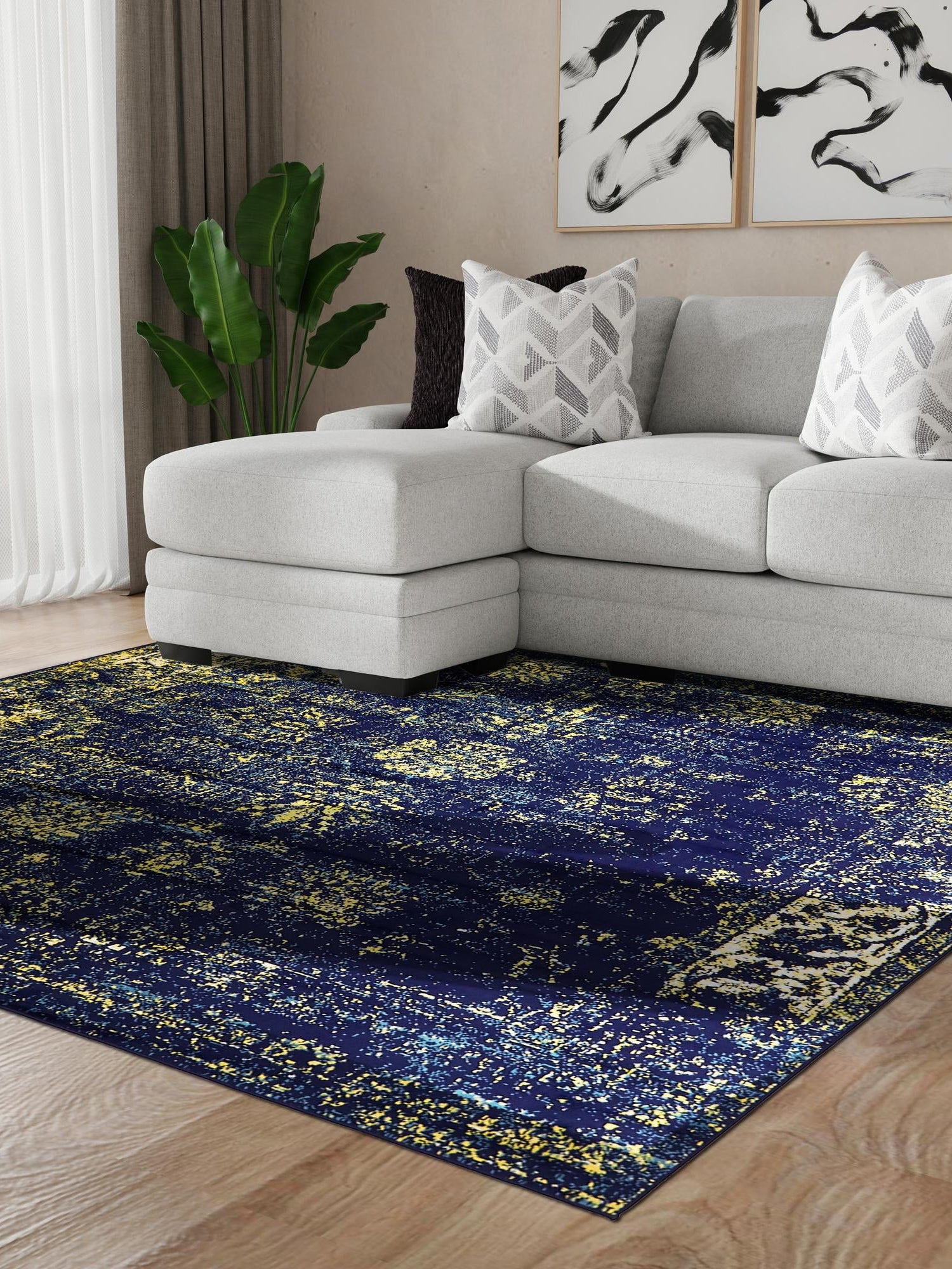 Navy Blue 7' 10 x 7' 10 Sofia Square Area Rug Durable Easy Clean Stain Resistant Unique Carpet for Affordable Interior Home Design for Sale at Rug Engine